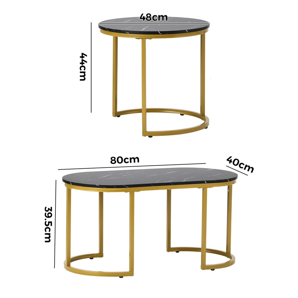 Oikiture Nesting  Coffee Table Set of 2 Marble Effect Gold Black