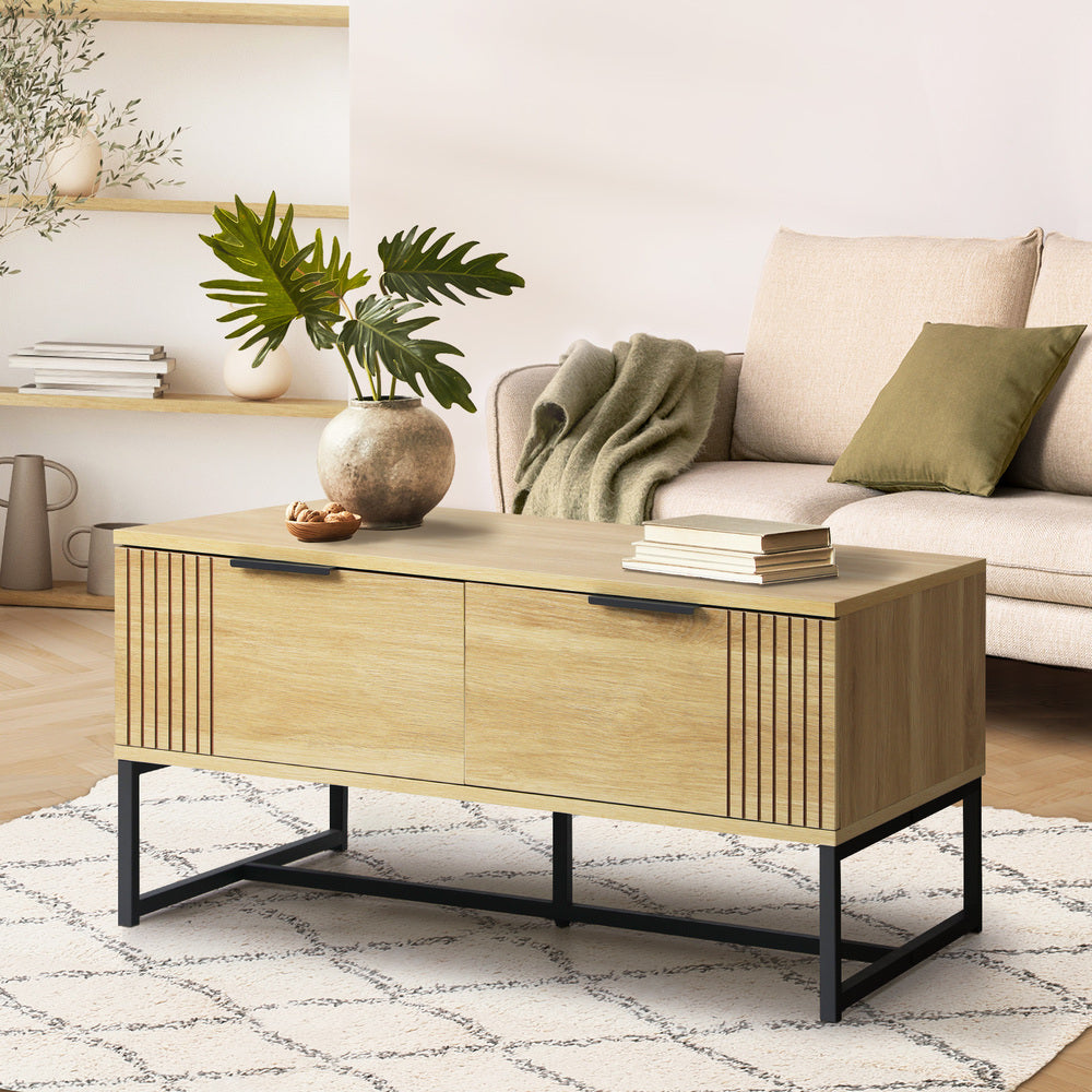 Oikiture Coffee Table with Storage Drawers Wooden Natural
