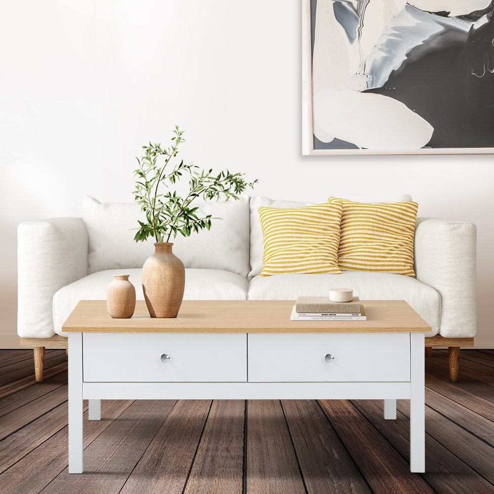 Oikiture Coffee Table Storage Drawers Natural White