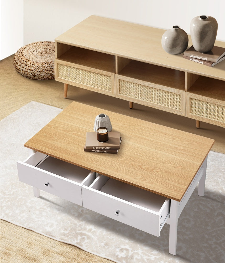 Oikiture Coffee Table Storage Drawers Natural White
