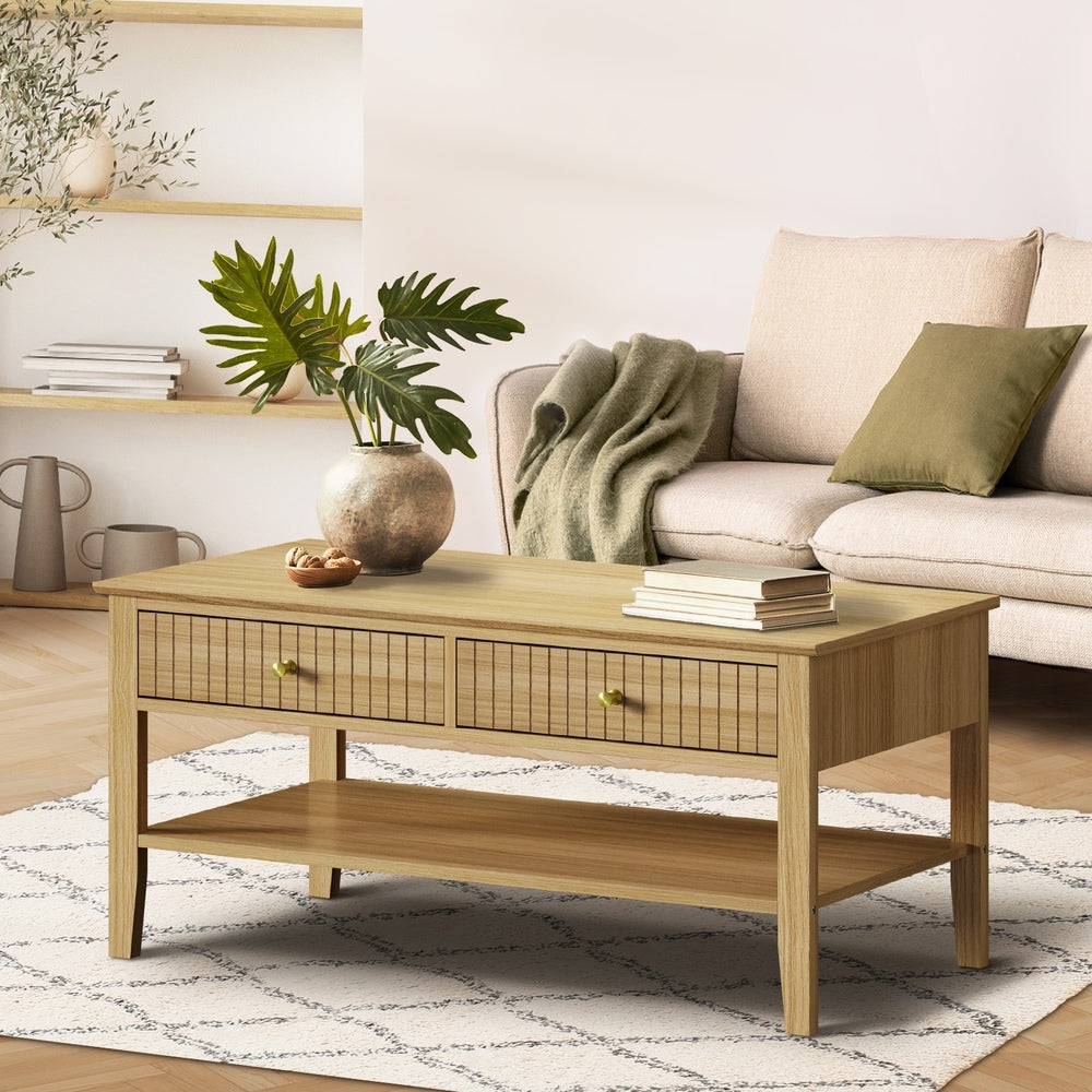 Oikiture Coffee Table with Storage Drawers Open Shelving Natural