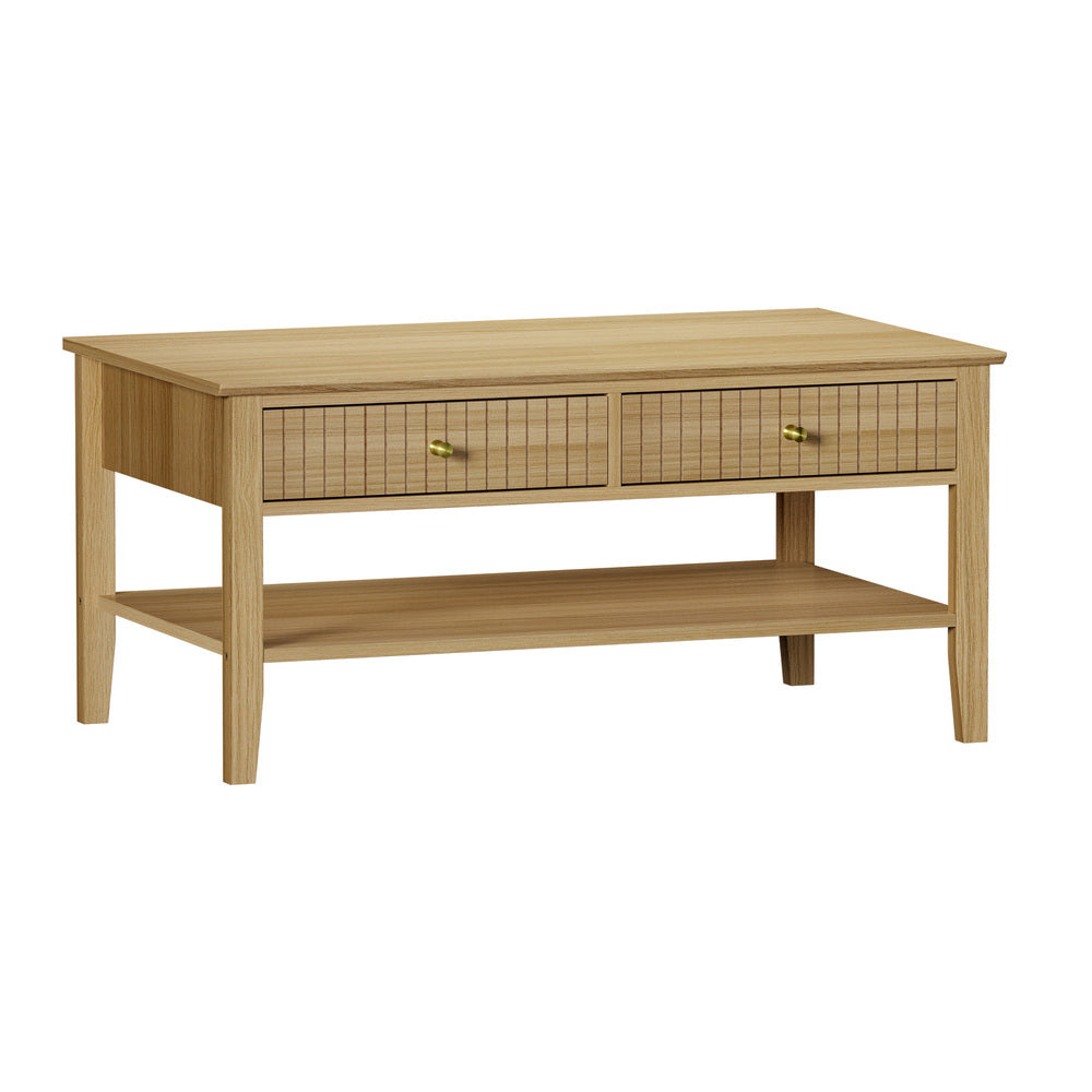 Oikiture Coffee Table with Storage Drawers Open Shelving Natural