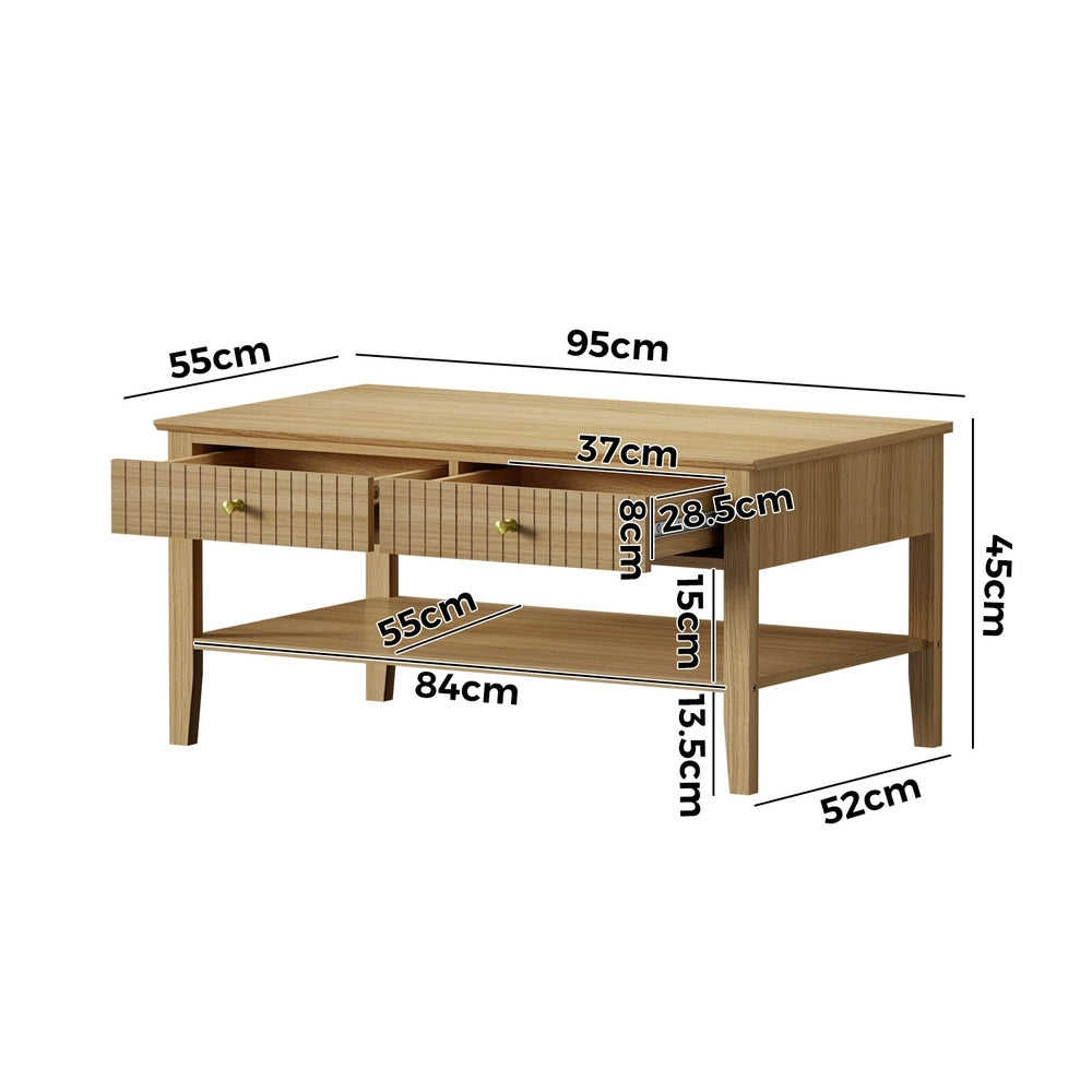Oikiture Coffee Table with Storage Drawers Open Shelving Natural