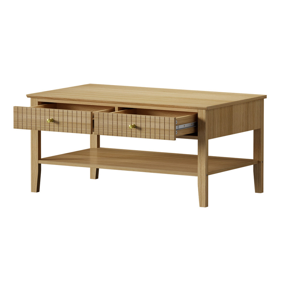 Oikiture Coffee Table with Storage Drawers Open Shelving Natural