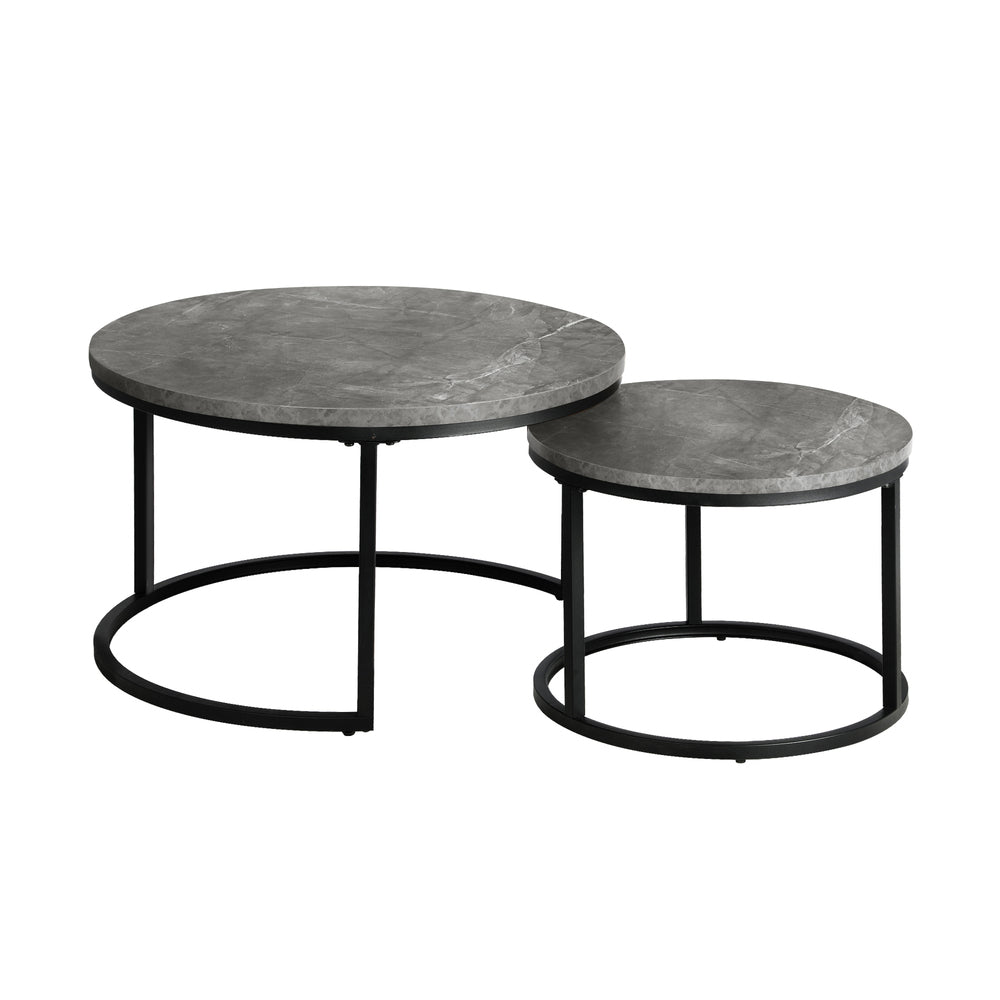 Oikiture Set of 2 Nesting Coffee Table Round Marble-like Grey & Black