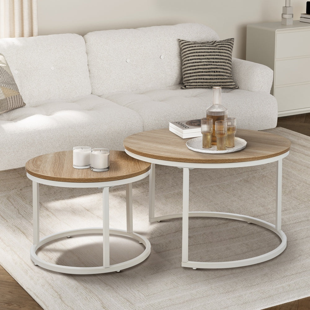 Oikiture Set of 2 Nesting Coffee Table Round Natural & White