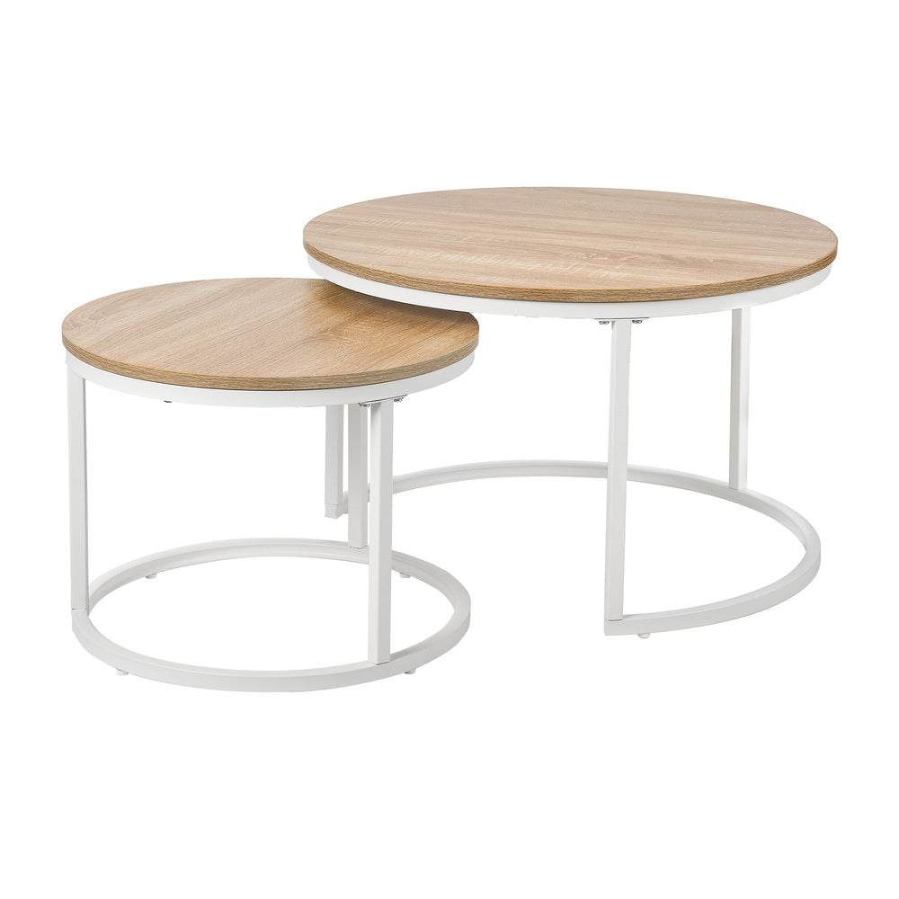 Oikiture Set of 2 Nesting Coffee Table Round Natural & White