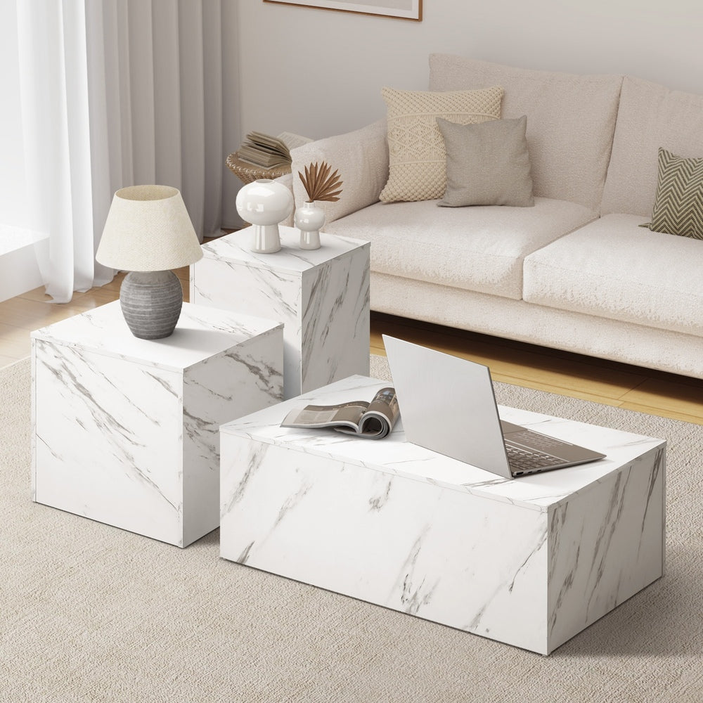 Oikiture Coffee Table Set of 3 Side Tables Marble Effect White