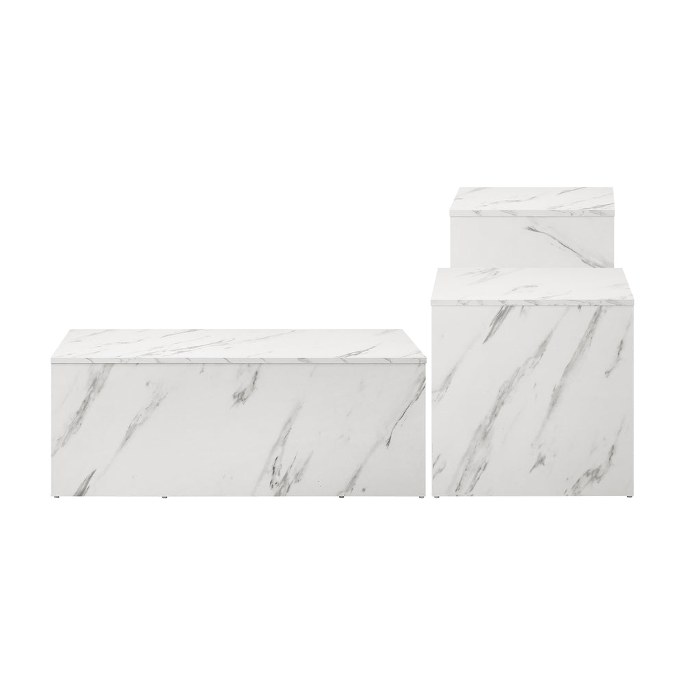 Oikiture Coffee Table Set of 3 Side Tables Marble Effect White