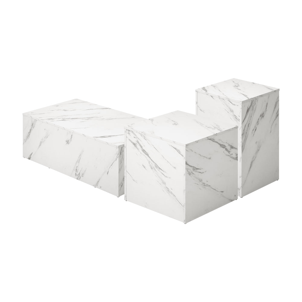 Oikiture Coffee Table Set of 3 Side Tables Marble Effect White
