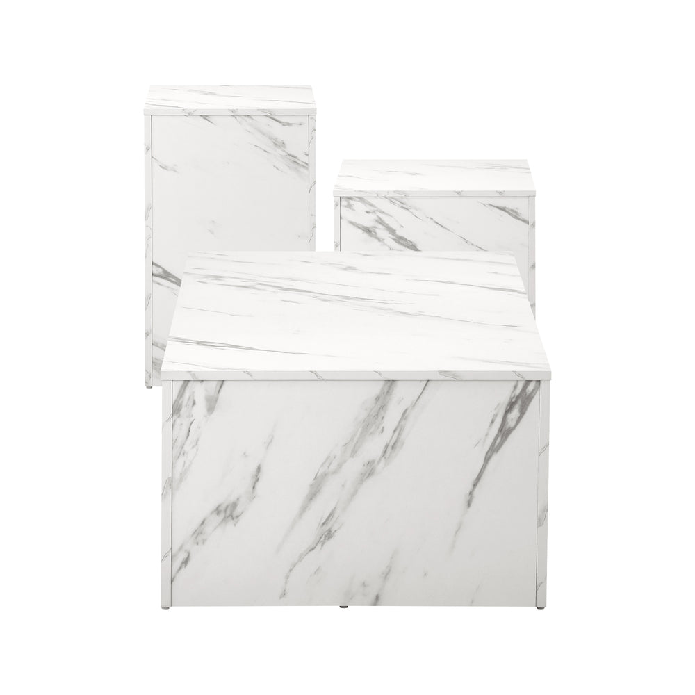 Oikiture Coffee Table Set of 3 Side Tables Marble Effect White
