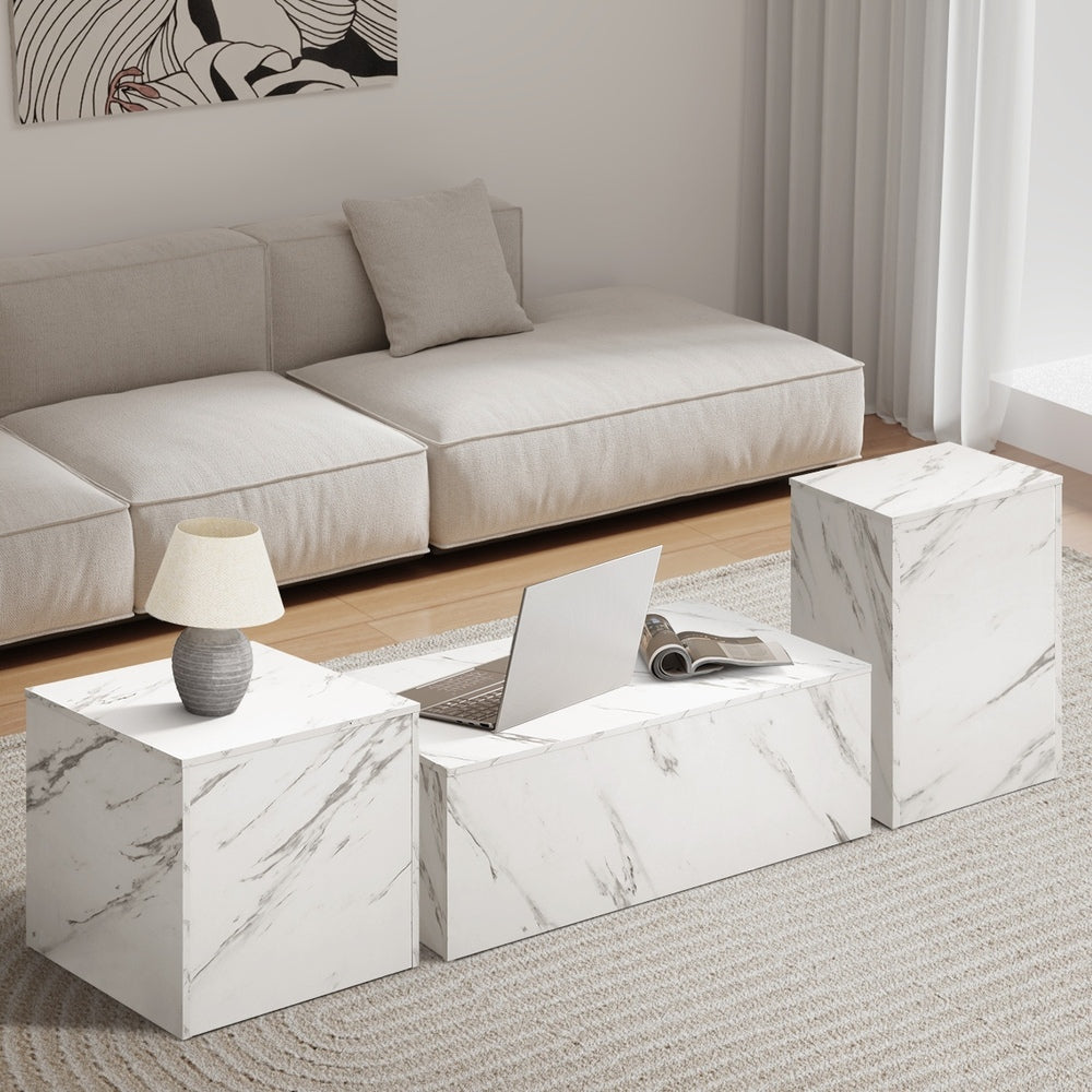 Oikiture Coffee Table Set of 3 Side Tables Marble Effect White