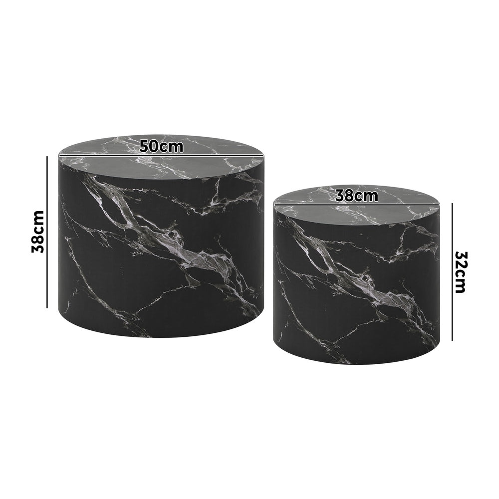 Oikiture Round Coffee Table Set of 2 Marble Effect Black