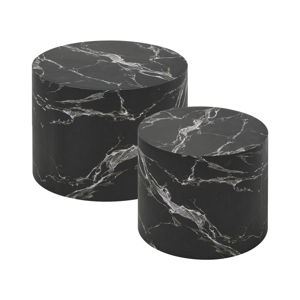 Oikiture Round Coffee Table Set of 2 Marble Effect Black