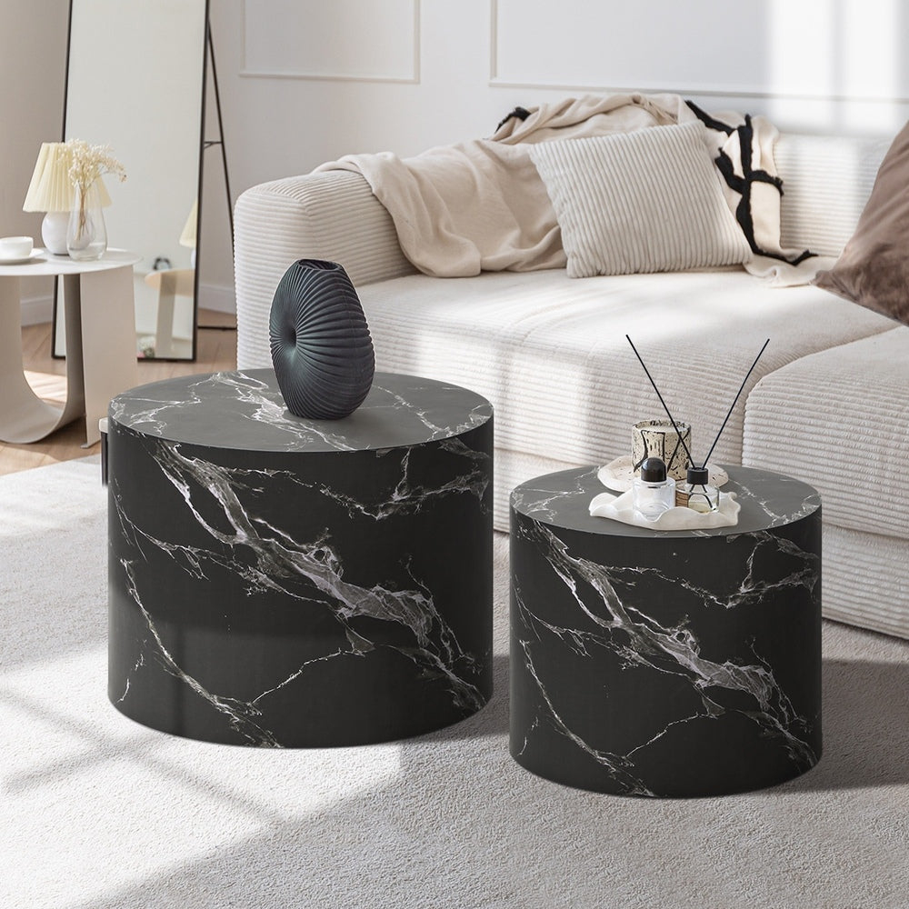 Oikiture Round Coffee Table Set of 2 Marble Effect Black