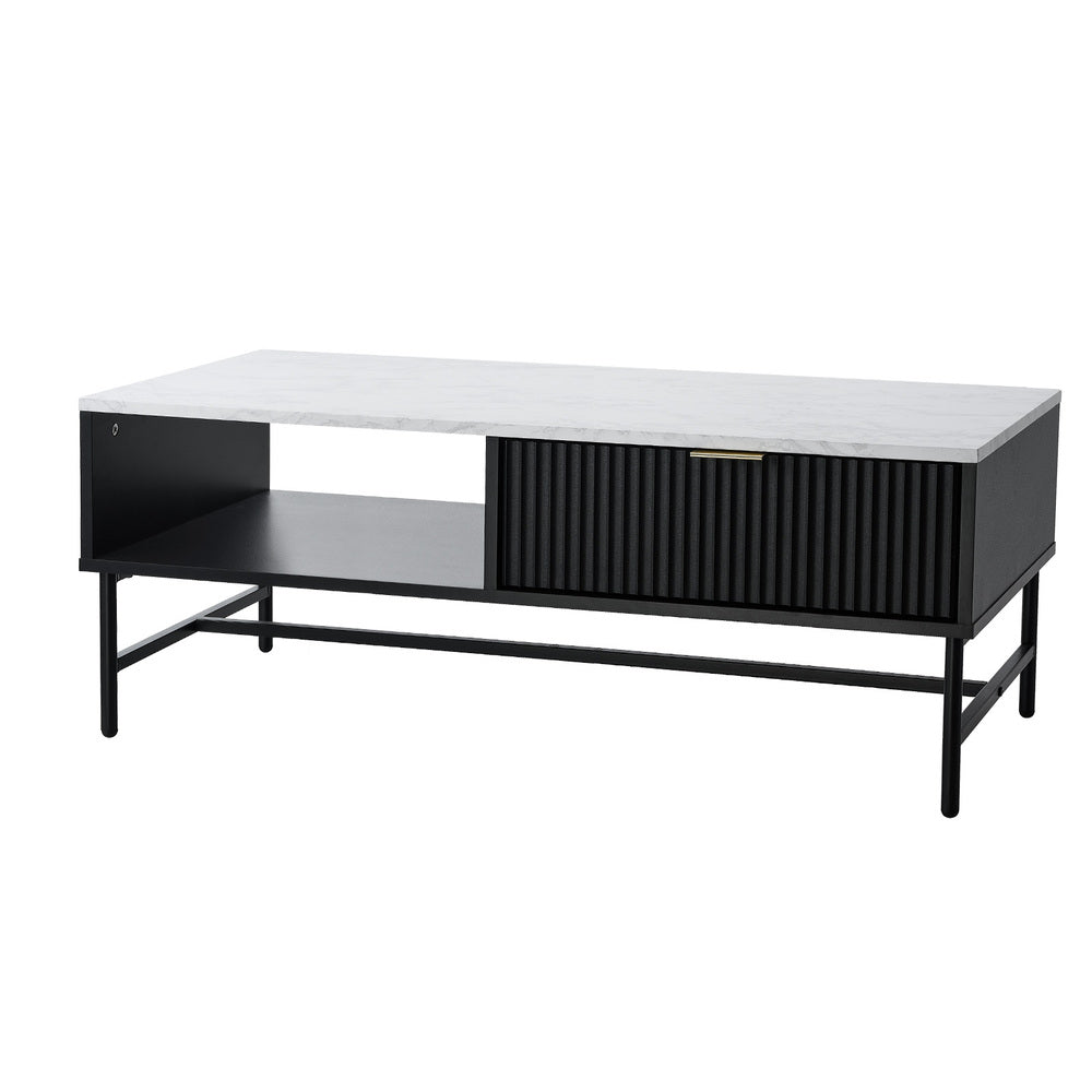Oikiture Coffee Table 1 Drawer Sofa End Table Open Shelf Black & White