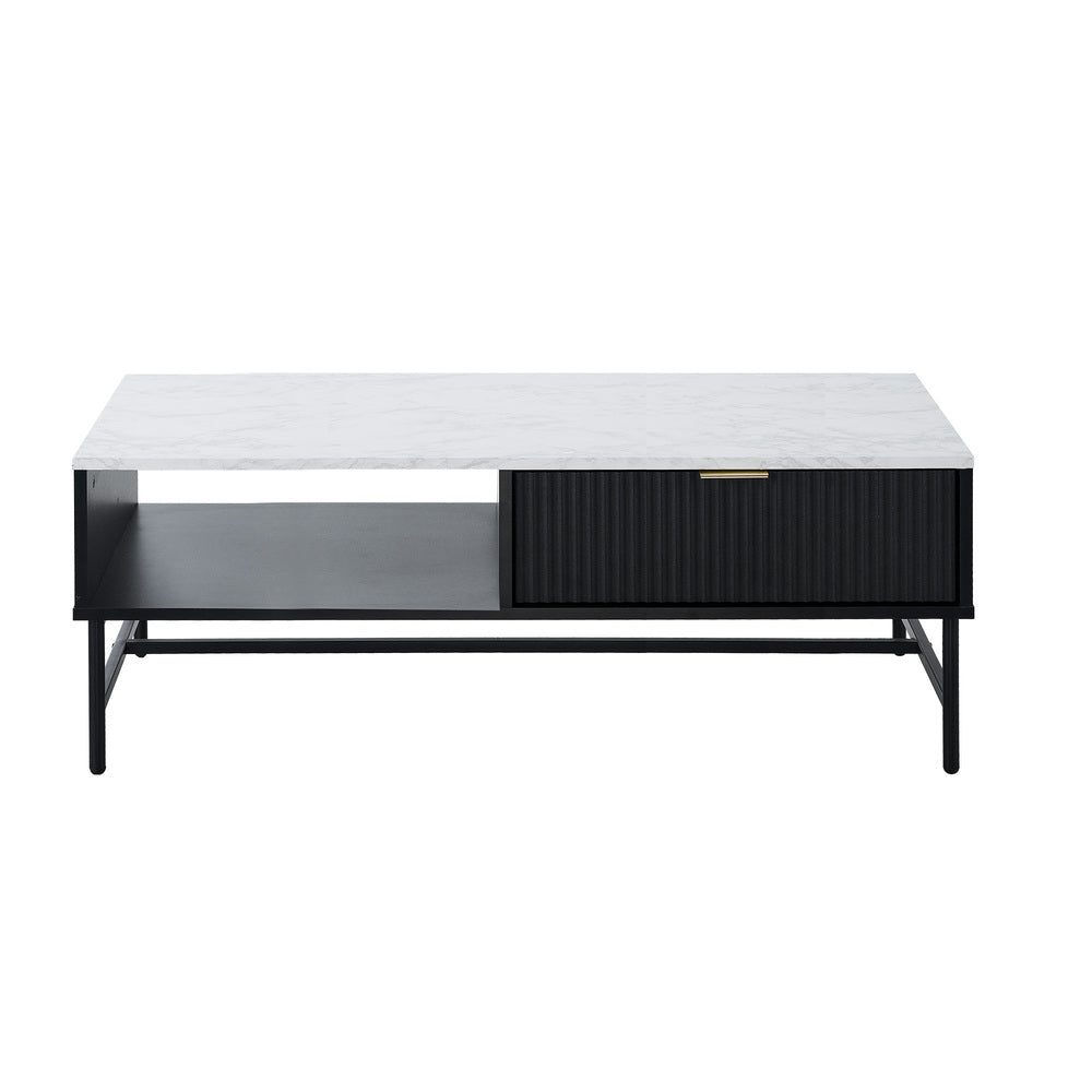 Oikiture Coffee Table 1 Drawer Sofa End Table Open Shelf Black & White