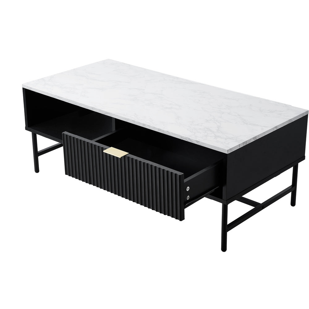 Oikiture Coffee Table 1 Drawer Sofa End Table Open Shelf Black & White