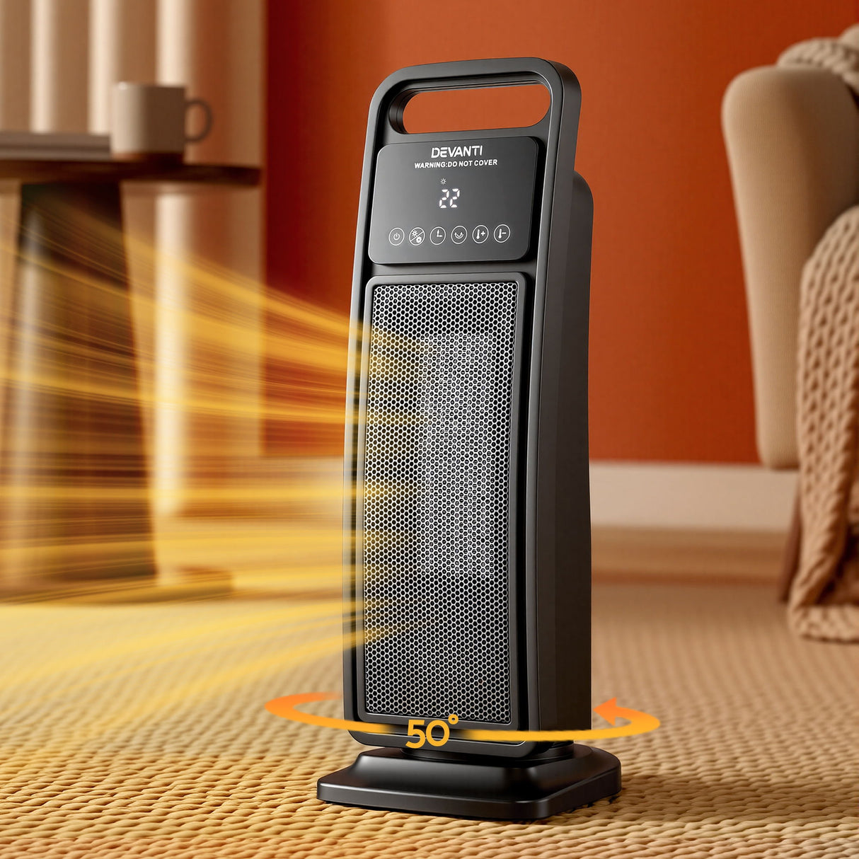 Devanti 2000W Ceramic Tower Heater Space Heaters Indoor Oscillating Black
