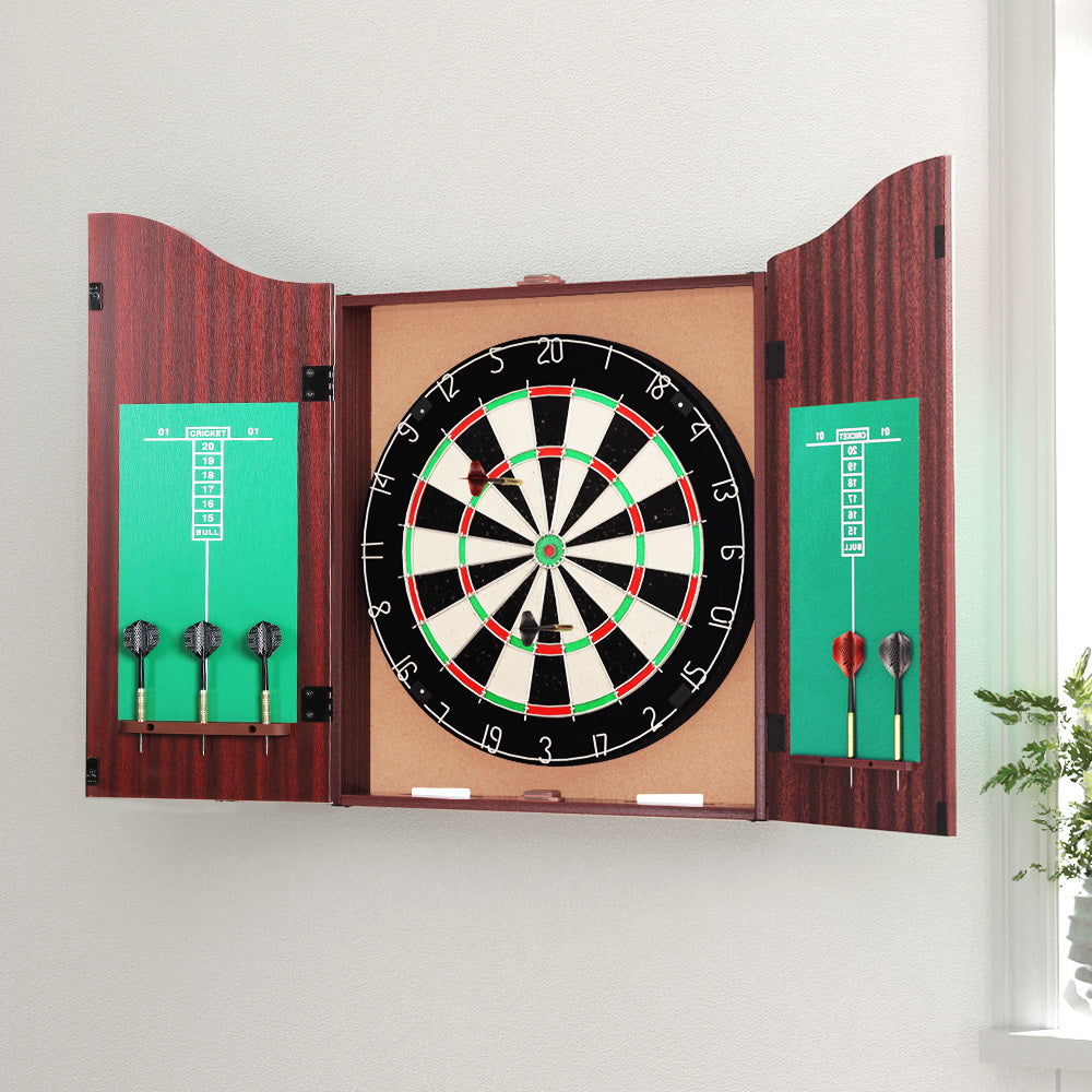 Deluxe 18 Dartboard Set with Steel Darts and Elegant Wooden Cabinet for Game Nights