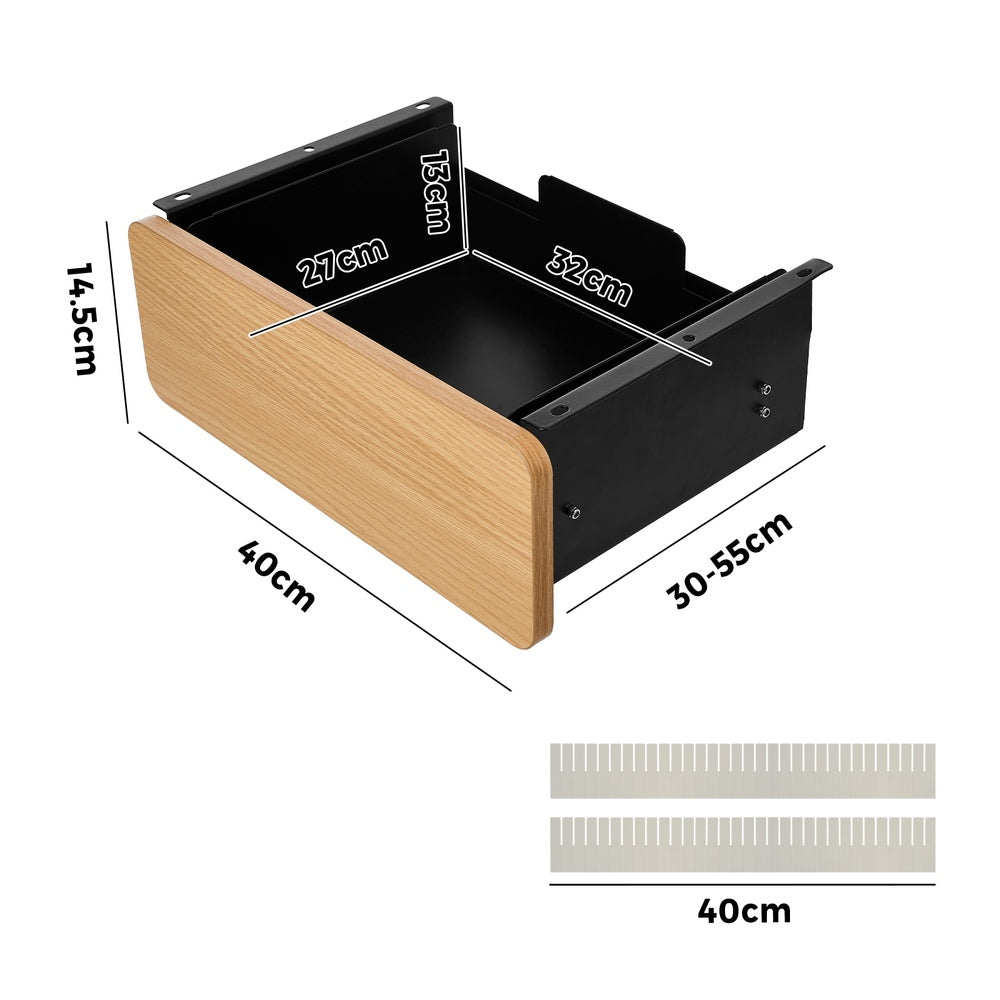 Oikiture Under Desk Drawer with 2 Drawers Dividers Natural and Black