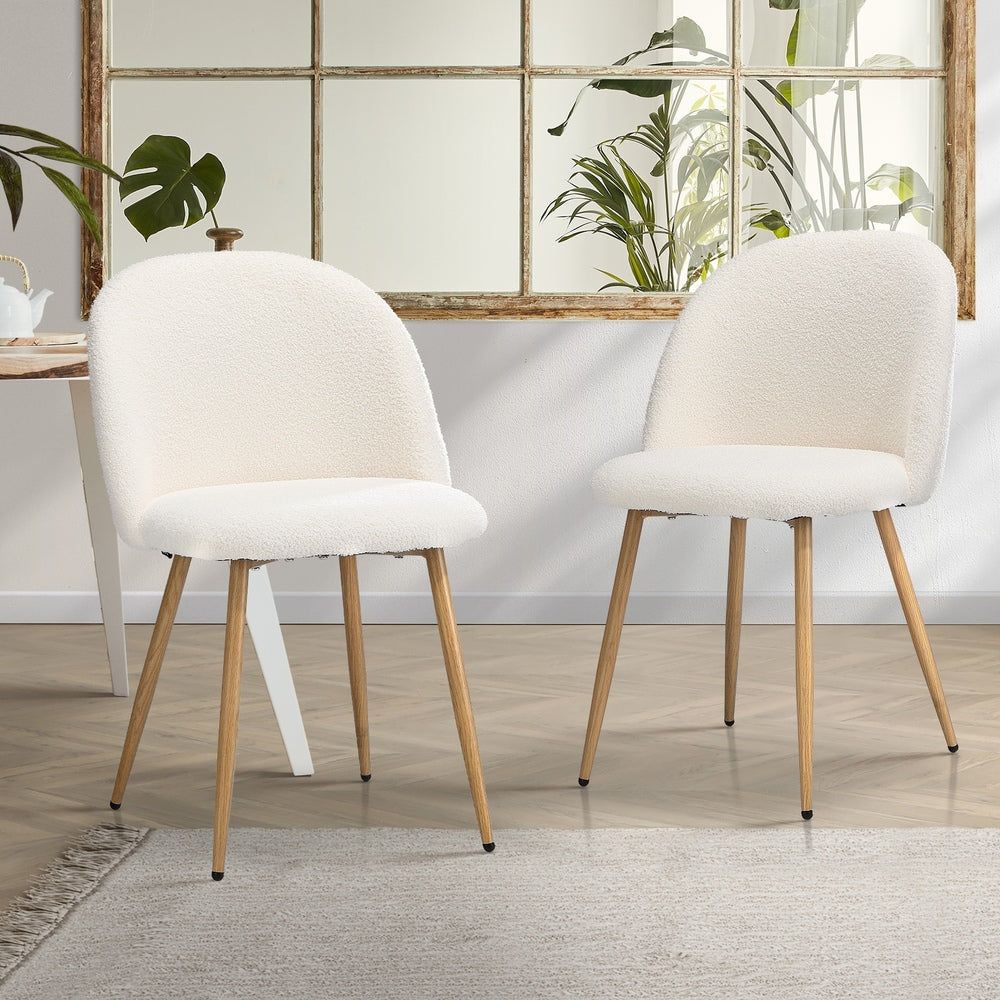 Oikiture 2x Dining Chairs Upholstered Sherpa Wooden White