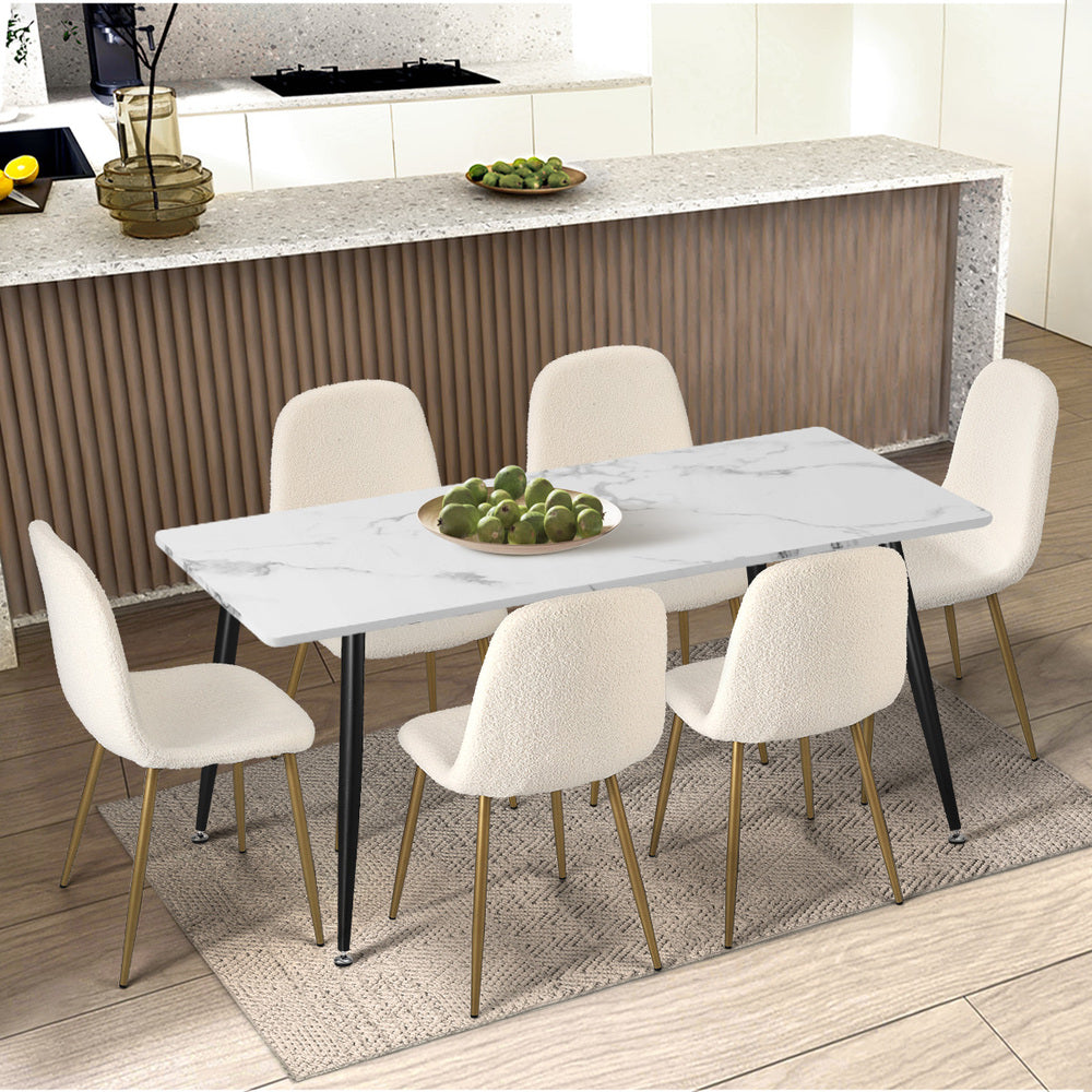 Oikiture 6x Dining Chairs Sherpa White and Golden