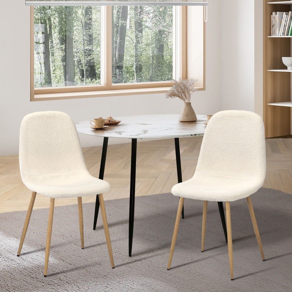 Oikiture 2x Dining Chairs Sherpa White and Wooden