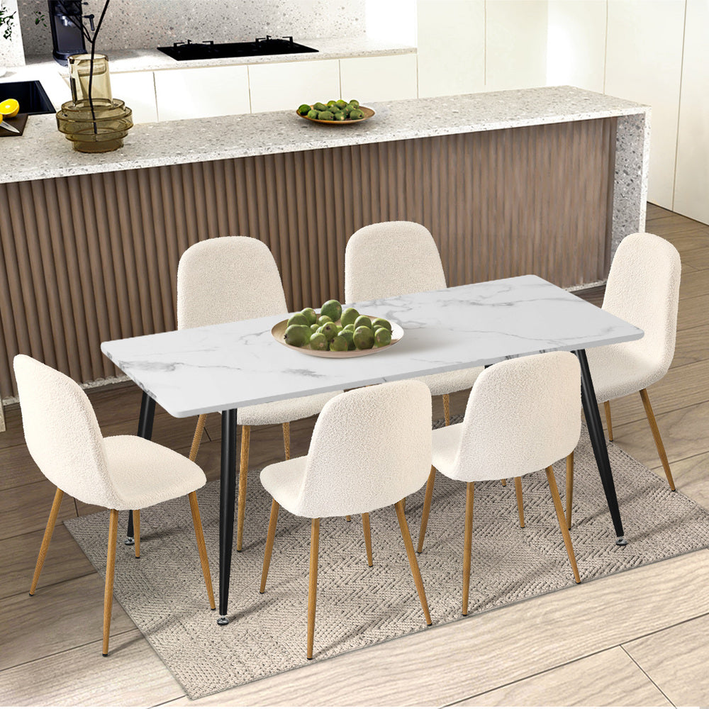 Oikiture 2x Dining Chairs Sherpa White and Wooden