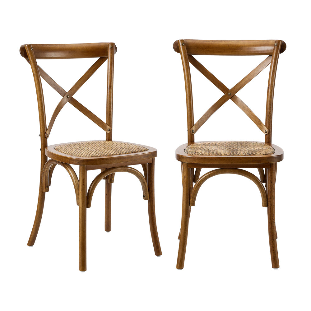 Oikiture 2PCS Crossback Wooden Dining Chair Rattan Seat Walnut