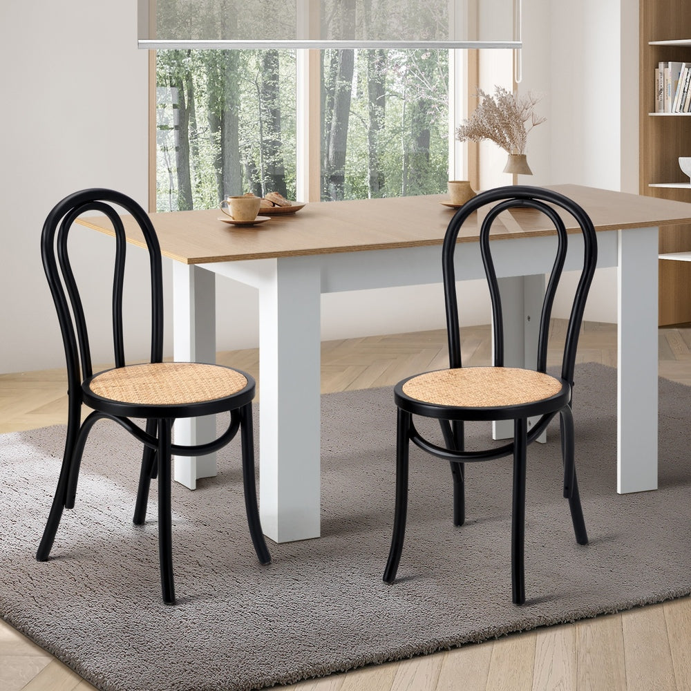 Oikiture 2PCS Dining Chair Solid Wooden Ratan Seat Black