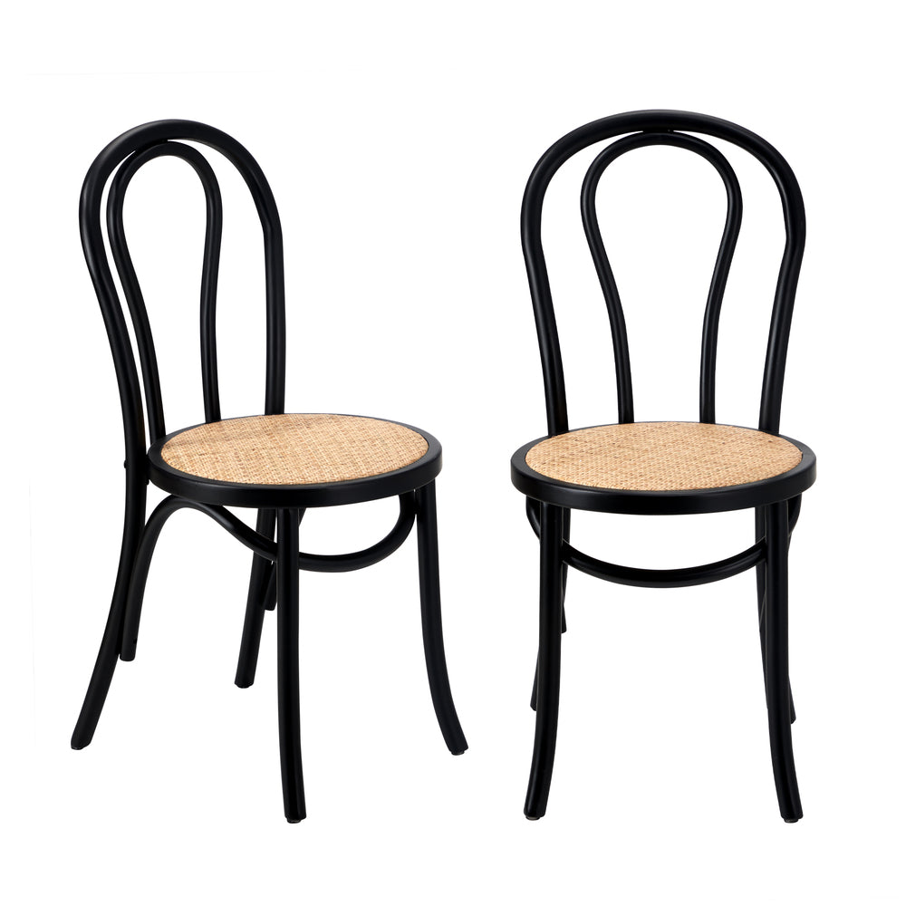 Oikiture 2PCS Dining Chair Solid Wooden Ratan Seat Black