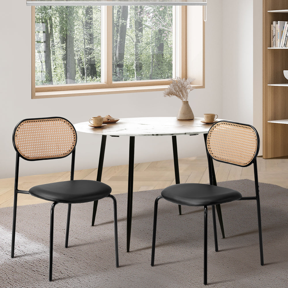 Oikiture 2PCS Rattan Dining Chair PU Leather Black