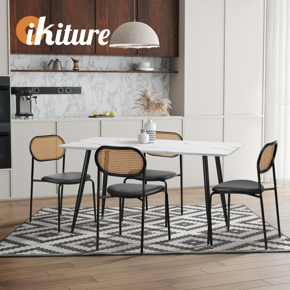 Oikiture 4PCS Dining Chair Rattan Furniture PU Leather Black