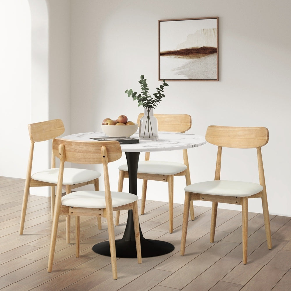 Oikiture 4x Dining Chairs PU Leather Solid Wood Beige
