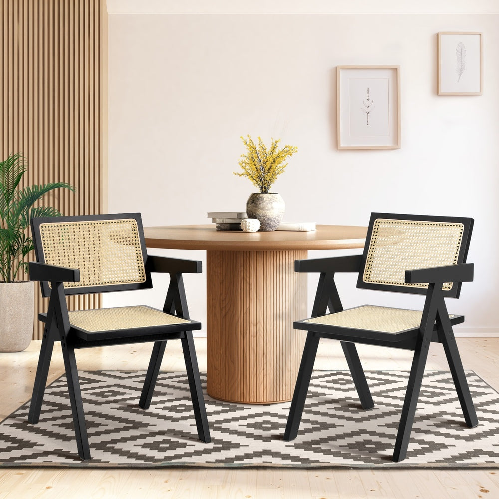 Oikiture 2x Dining Chairs Rattan Chair Wooden Balck
