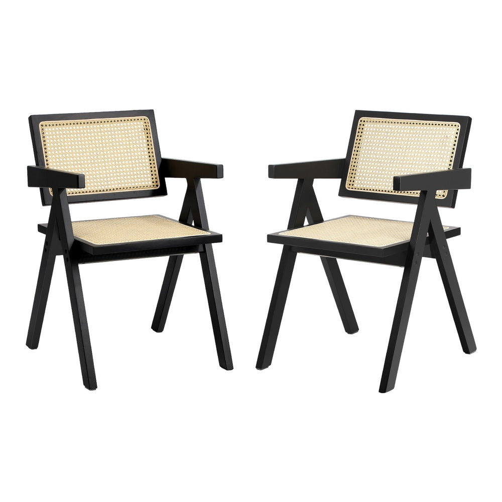 Oikiture 2x Dining Chairs Rattan Chair Wooden Balck