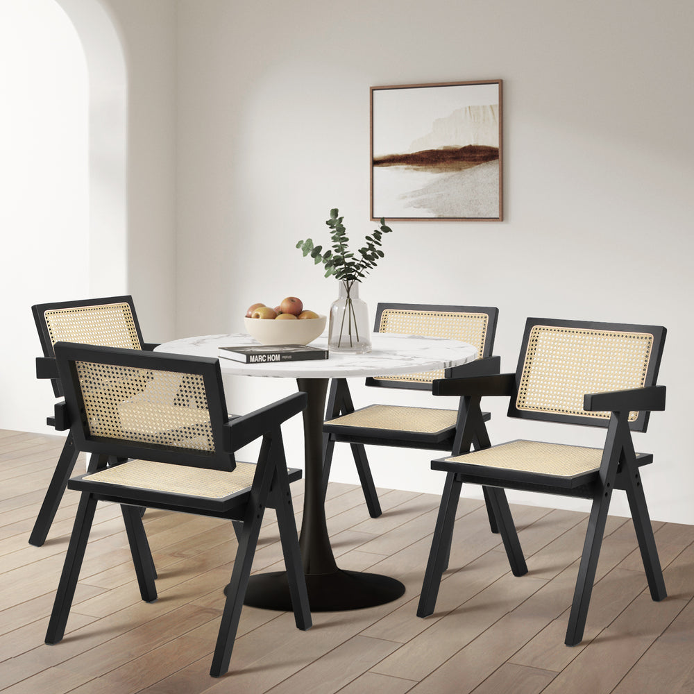 Oikiture 2x Dining Chairs Rattan Chair Wooden Balck