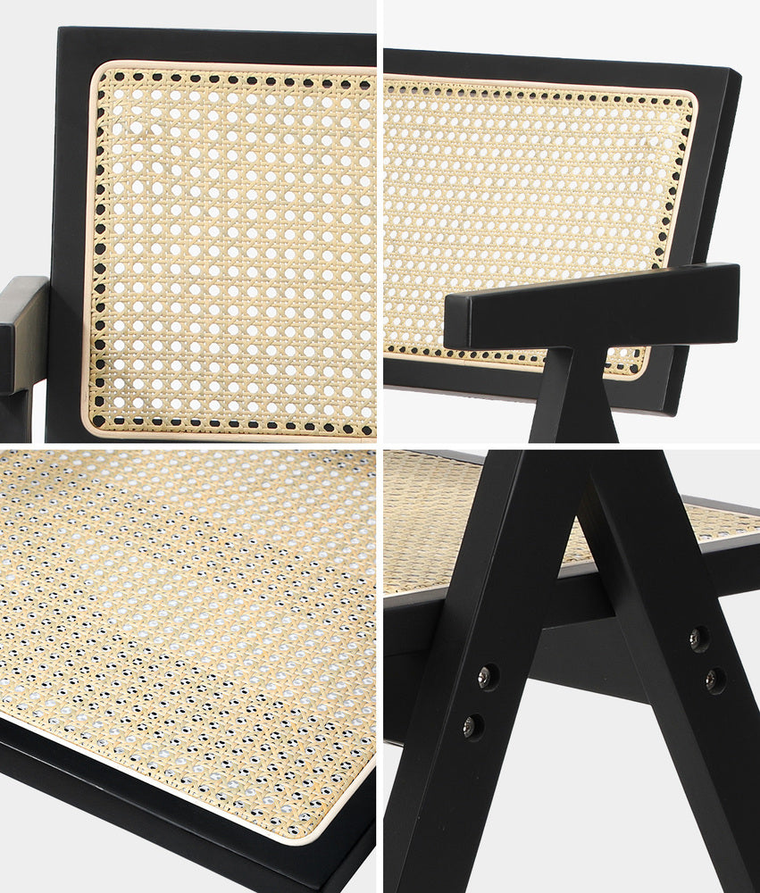 Oikiture 2x Dining Chairs Rattan Chair Wooden Balck