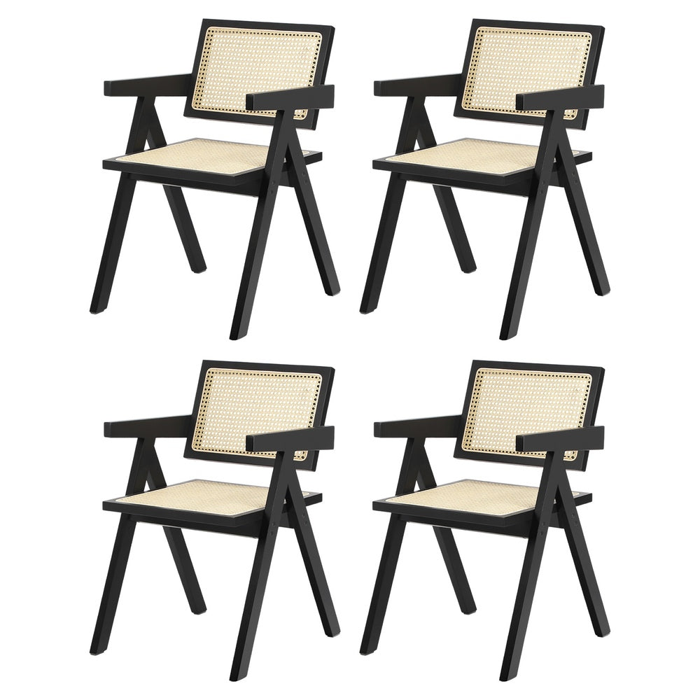 Oikiture 4x Dining Chairs Rattan Chair Wooden Balck