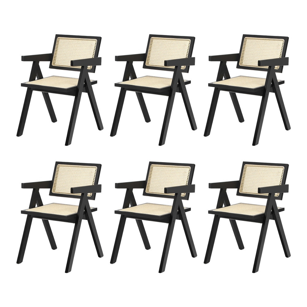 Oikiture 6x Dining Chairs Rattan Chair Wooden Balck