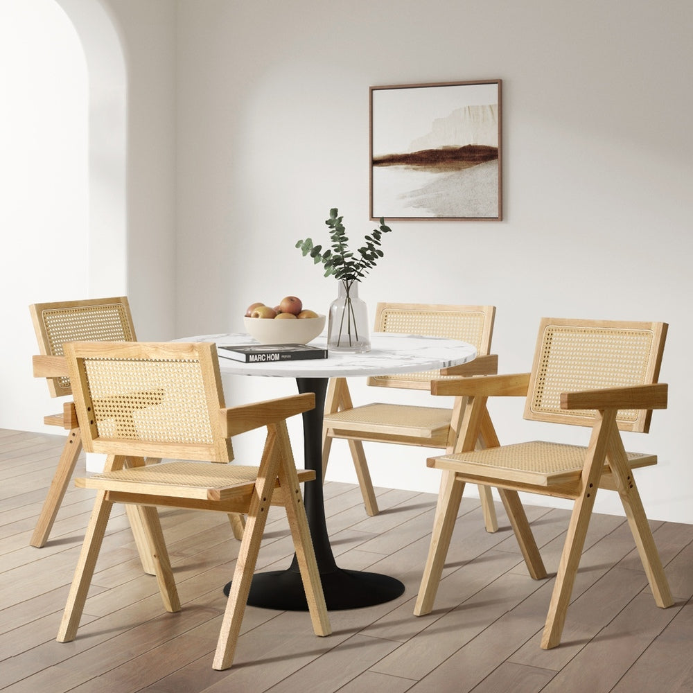 Oikiture 6x Wooden Dining Chairs Rattan Natural