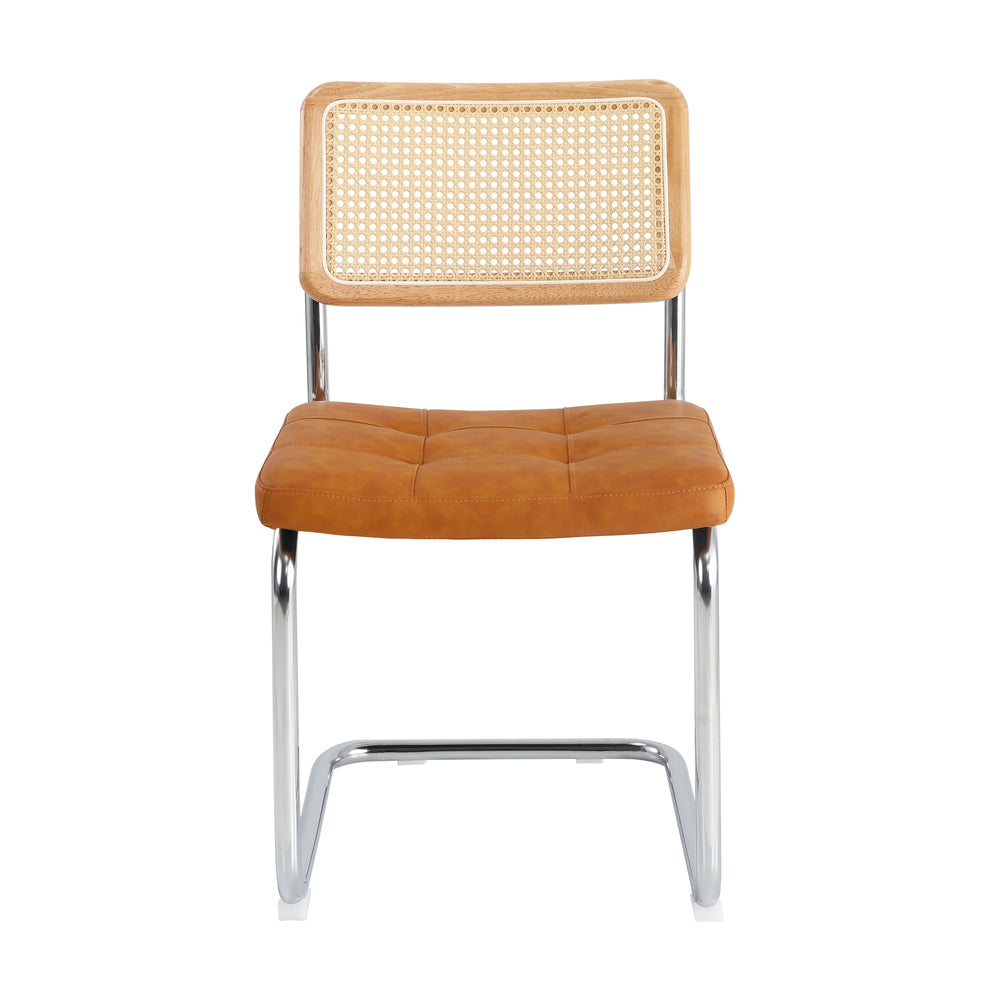 Oikiture 2x Rattan Dining Chair Steel Frame Leather Seat Brown