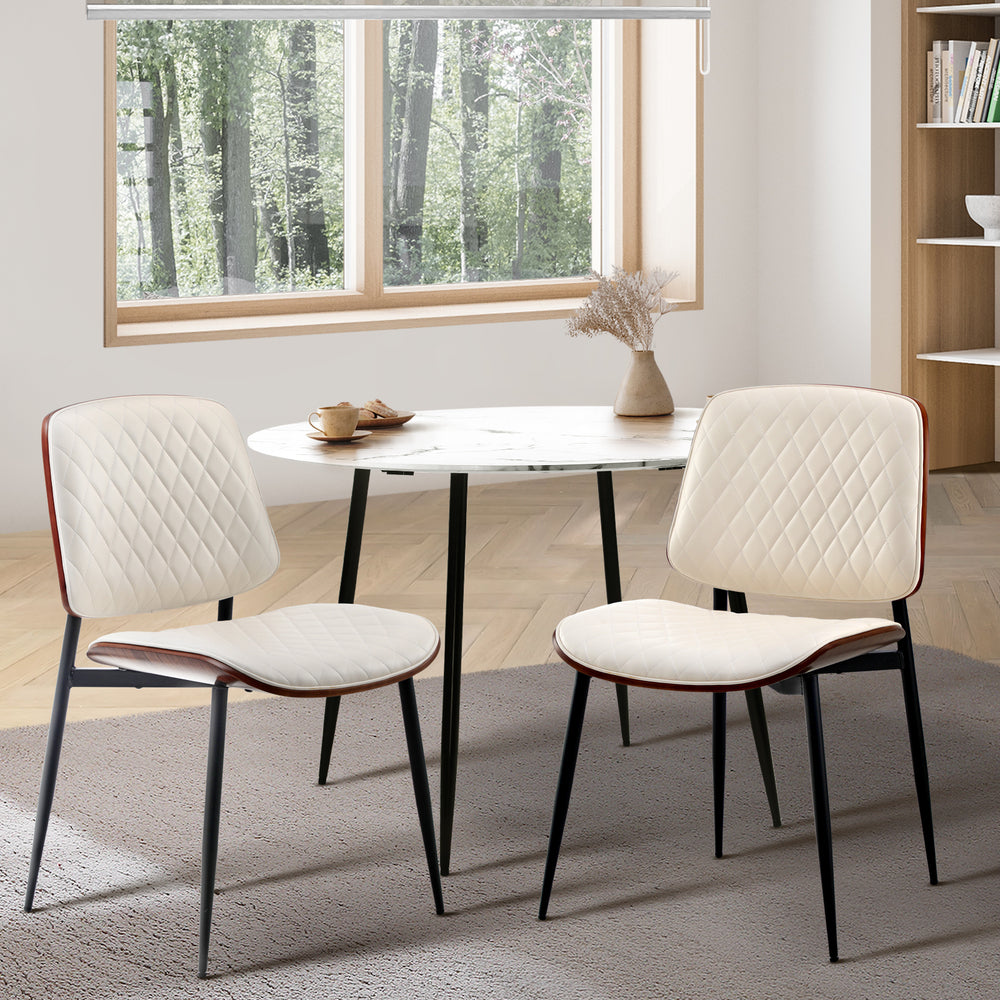 Oikiture 2x Dining Chairs PU Leather Wood Frame Metal Legs White