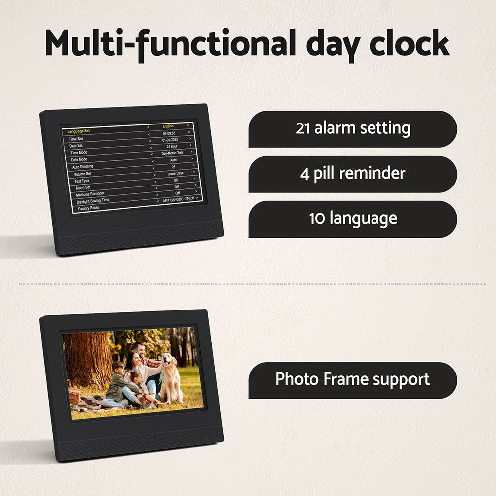 Artiss 7 Multi-Function Digital Alarm Clock with Calendar and Media Playback - Black