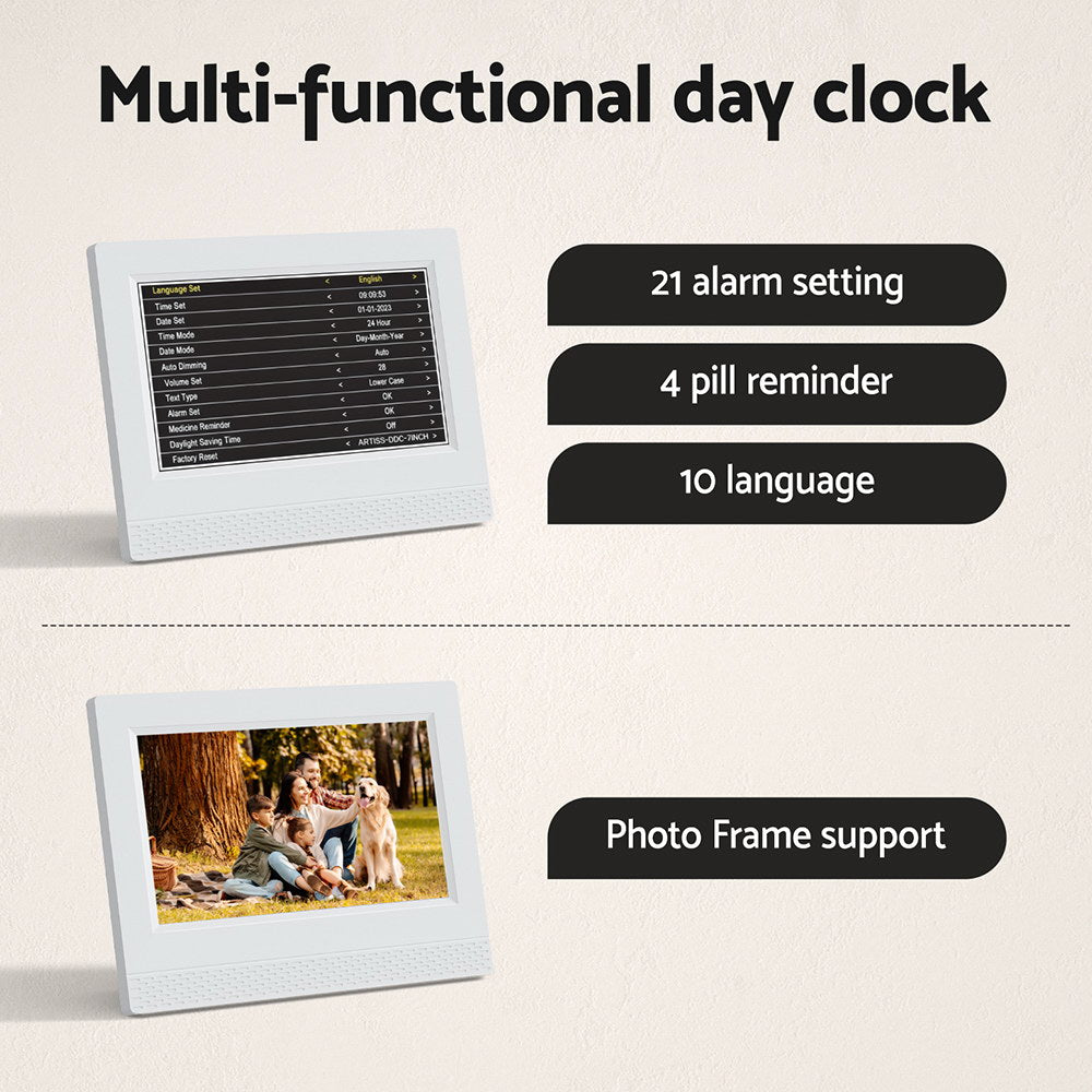 Artiss 7-Inch Multi-Functional Digital Day Clock with Calendar and Alarm in White