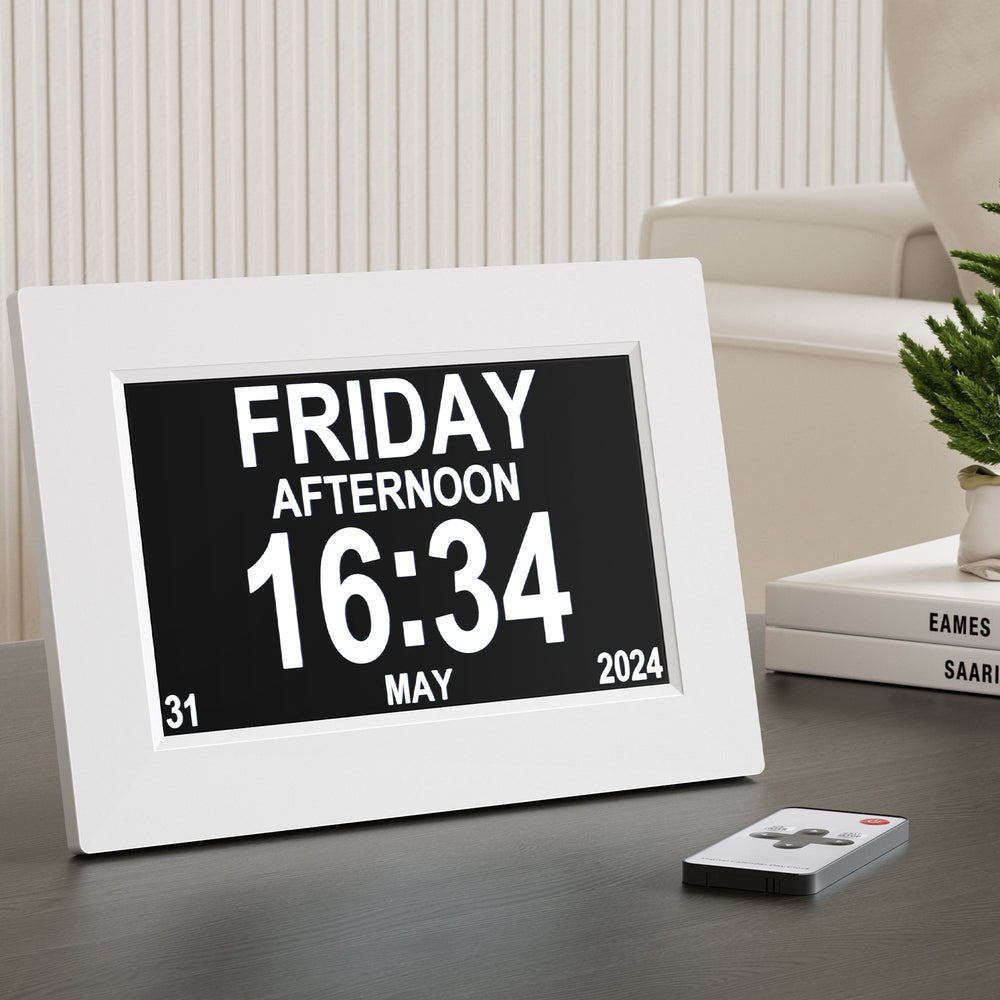Artiss 8-Inch Multi-Function Digital Alarm Clock with Calendar and Photo Frame - White