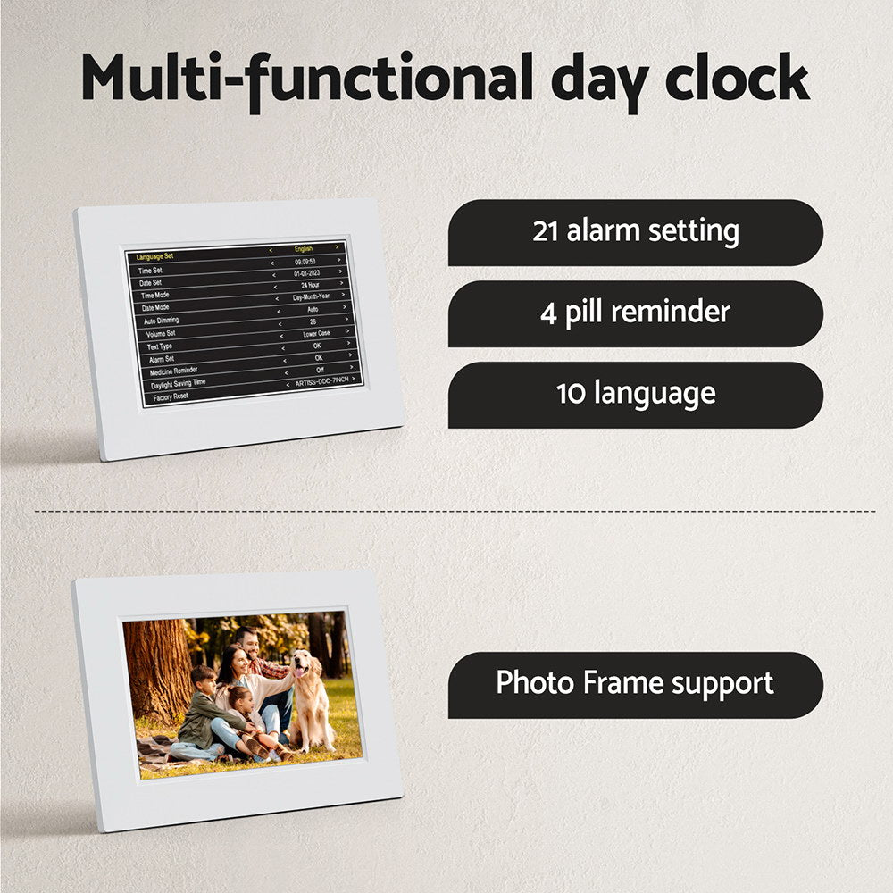 Artiss 8-Inch Multi-Function Digital Alarm Clock with Calendar and Photo Frame - White