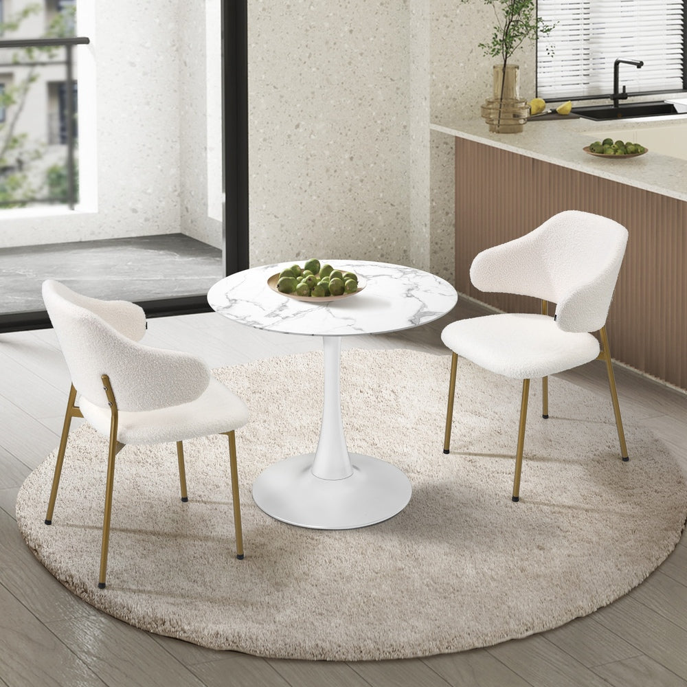 Oikiture 60cm Round Dining Table with 2x Dining Chairs Sherpa Gold&White