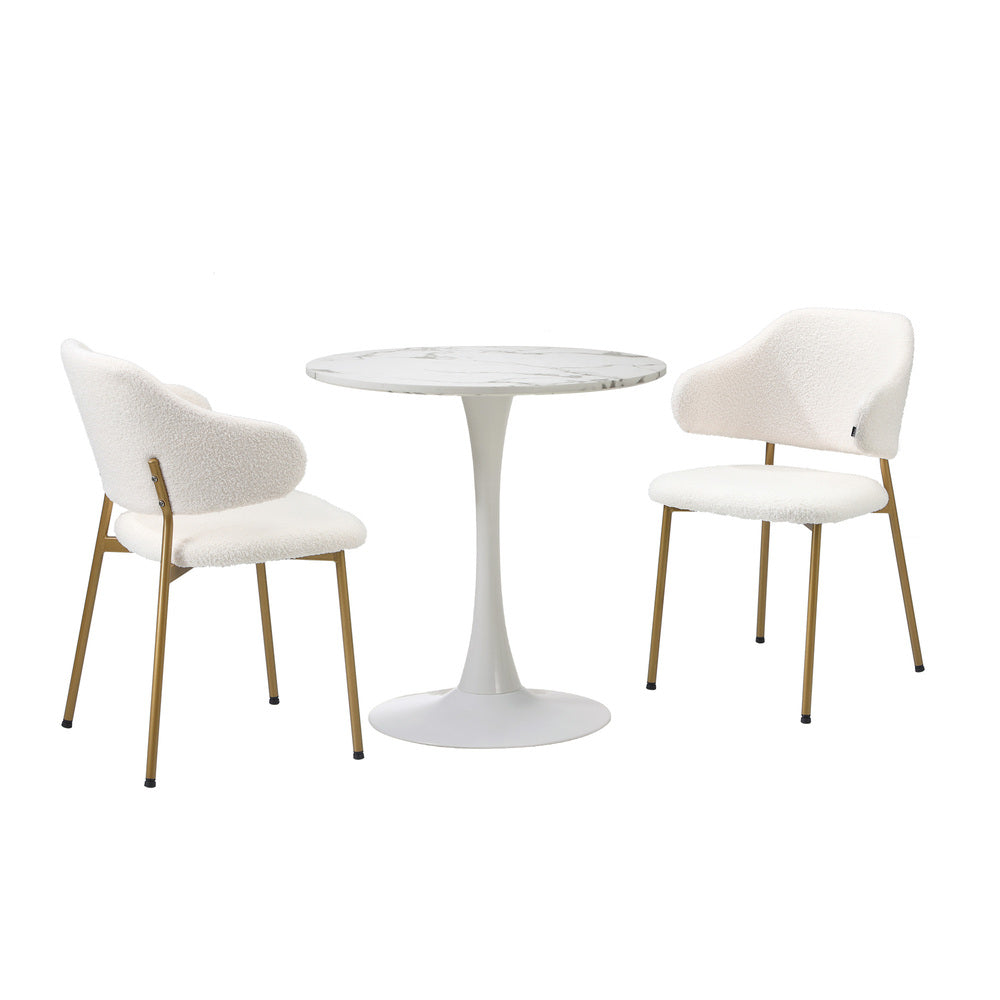 Oikiture 60cm Round Dining Table with 2x Dining Chairs Sherpa Gold&White